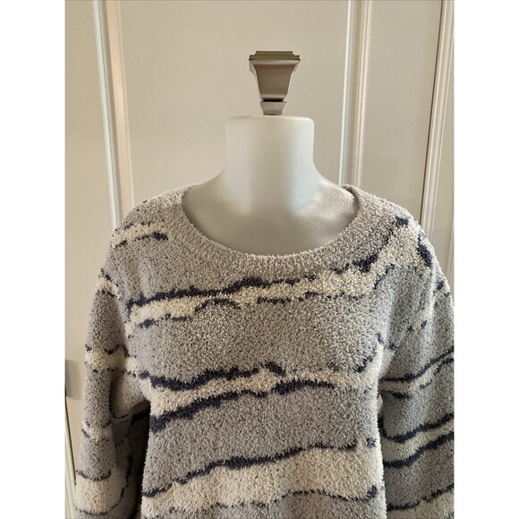 Barefoot Dreams CozyChic Hi-Low Pullover Blue/Cream Sweater -Size L - Picture 2 of 16